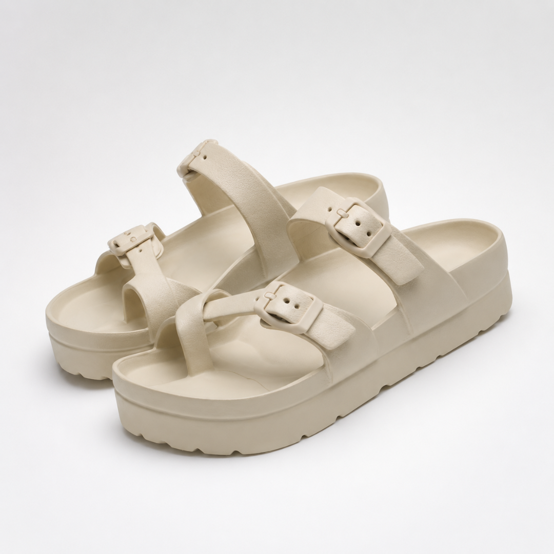 Sandales double bride à boucle - plateforme cannelée confort