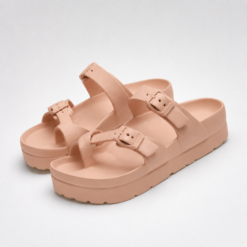 Sandales double bride à boucle - plateforme cannelée confort