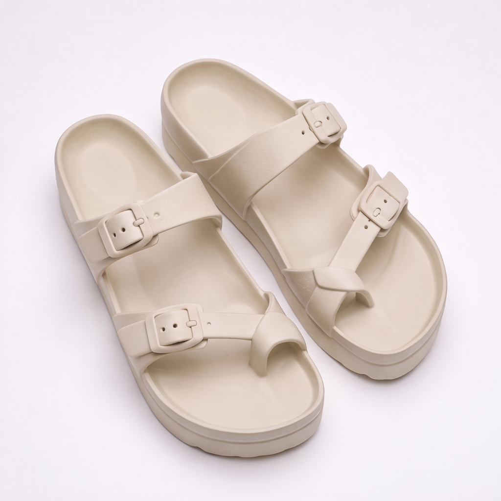 Sandales double bride à boucle - plateforme cannelée confort