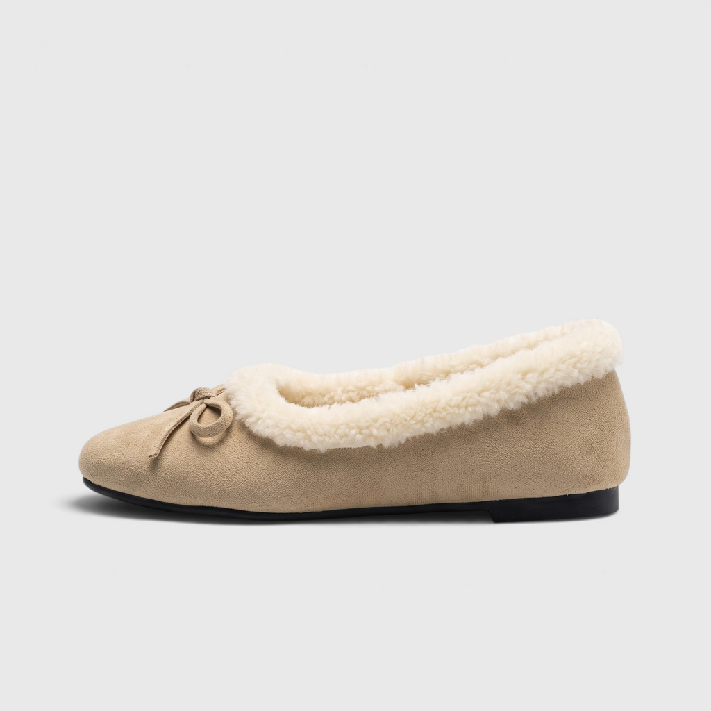 Ballerines plates femme fourrées à bout carré avec nœud – Chaussons d'hiver doux, chauds et confortables à semelle souple