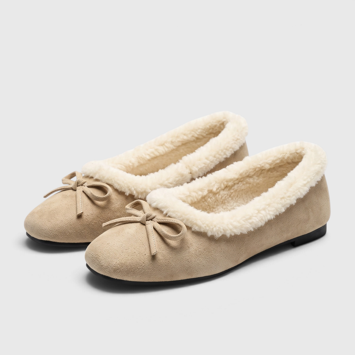 Ballerines plates femme fourrées à bout carré avec nœud – Chaussons d'hiver doux, chauds et confortables à semelle souple