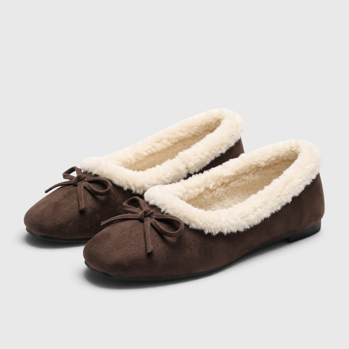 Ballerines plates femme fourrées à bout carré avec nœud – Chaussons d'hiver doux, chauds et confortables à semelle souple