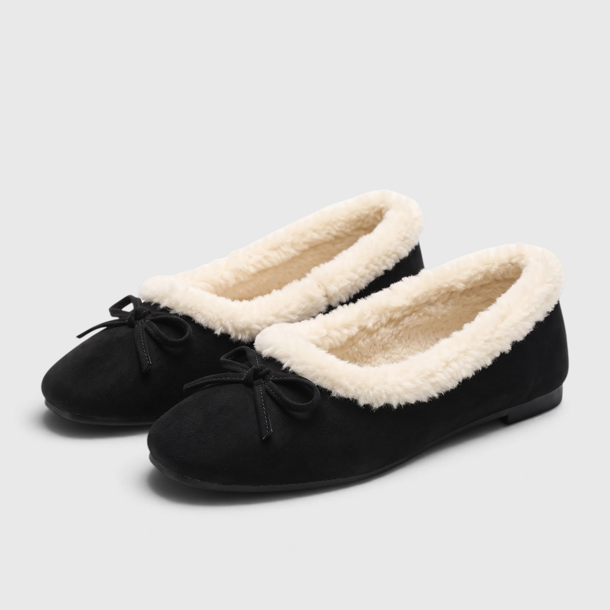 Ballerines plates femme fourrées à bout carré avec nœud – Chaussons d'hiver doux, chauds et confortables à semelle souple