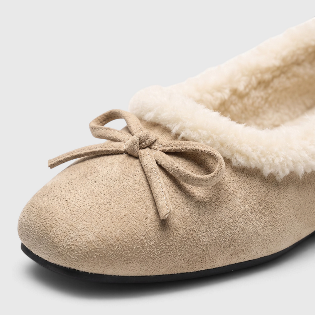 Ballerines plates femme fourrées à bout carré avec nœud – Chaussons d'hiver doux, chauds et confortables à semelle souple