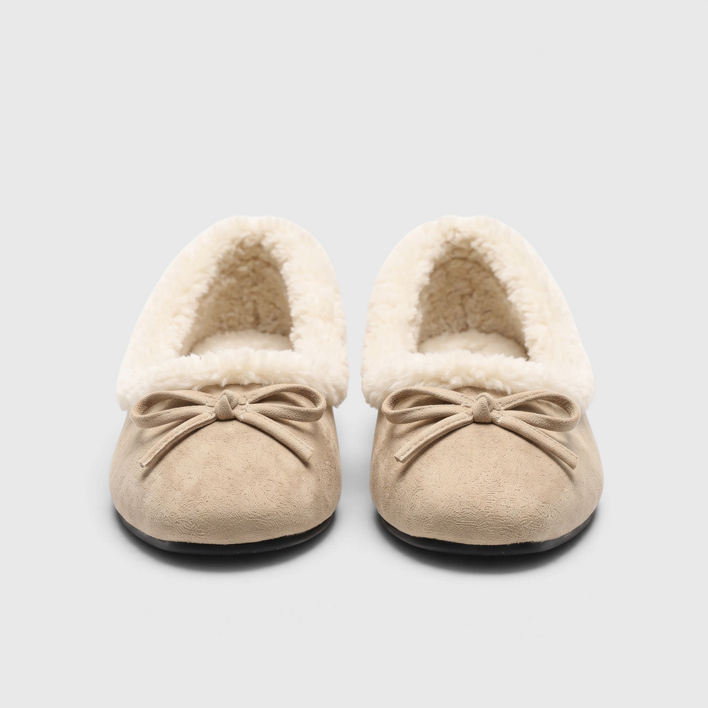 Ballerines plates femme fourrées à bout carré avec nœud – Chaussons d'hiver doux, chauds et confortables à semelle souple