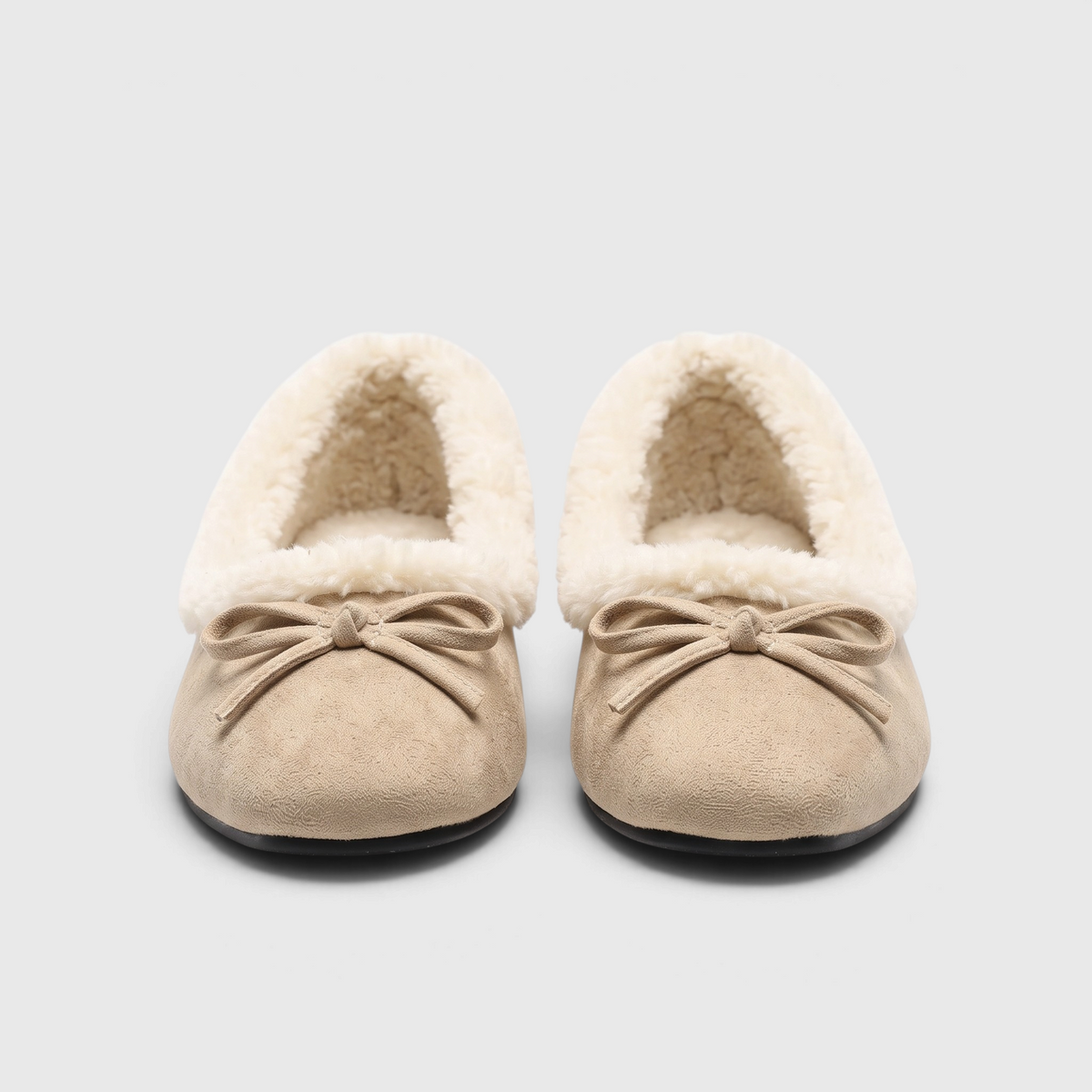 Ballerines plates femme fourrées à bout carré avec nœud – Chaussons d'hiver doux, chauds et confortables à semelle souple