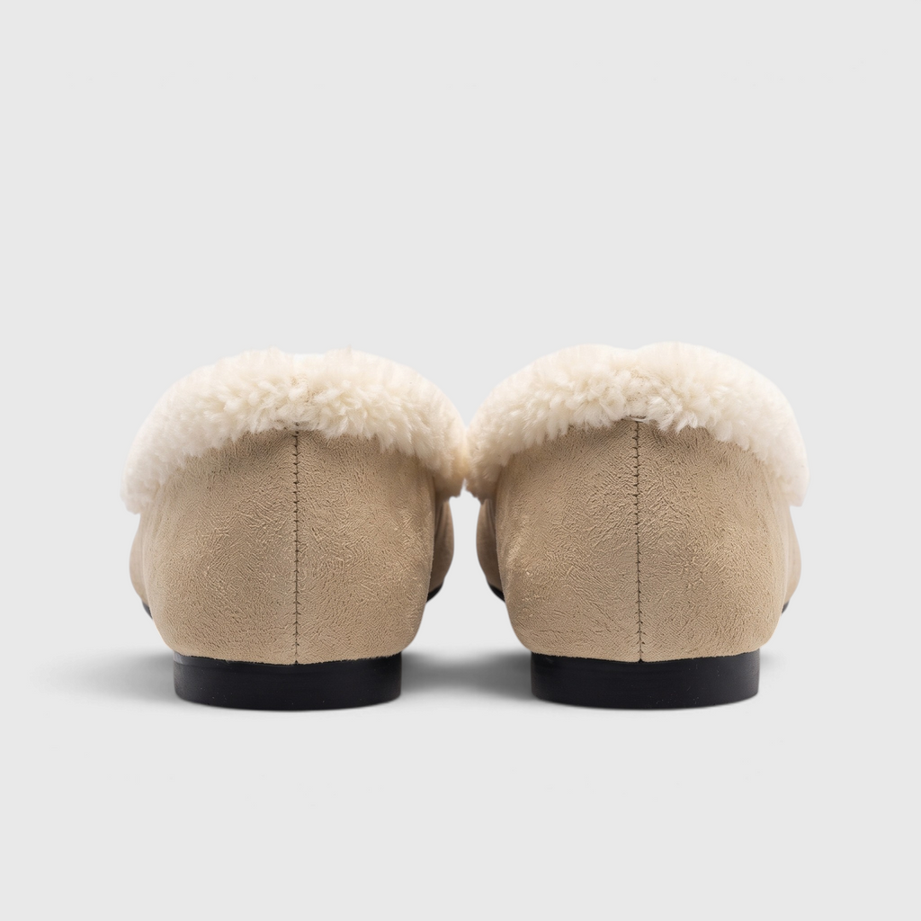 Ballerines plates femme fourrées à bout carré avec nœud – Chaussons d'hiver doux, chauds et confortables à semelle souple