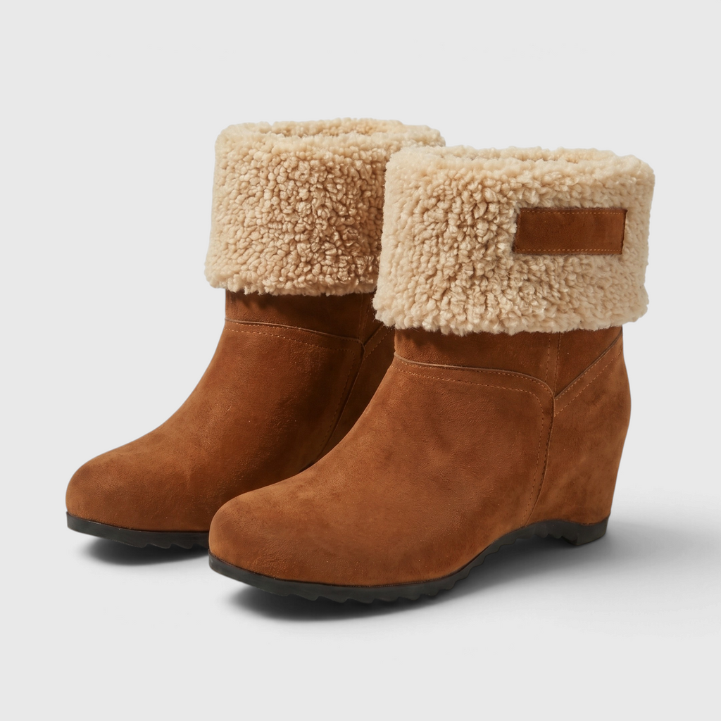 Bottines d'Hiver en Suédine à Revers Fourrure Sherpa & Talon Compensé – Chaleur & Confort Femme
