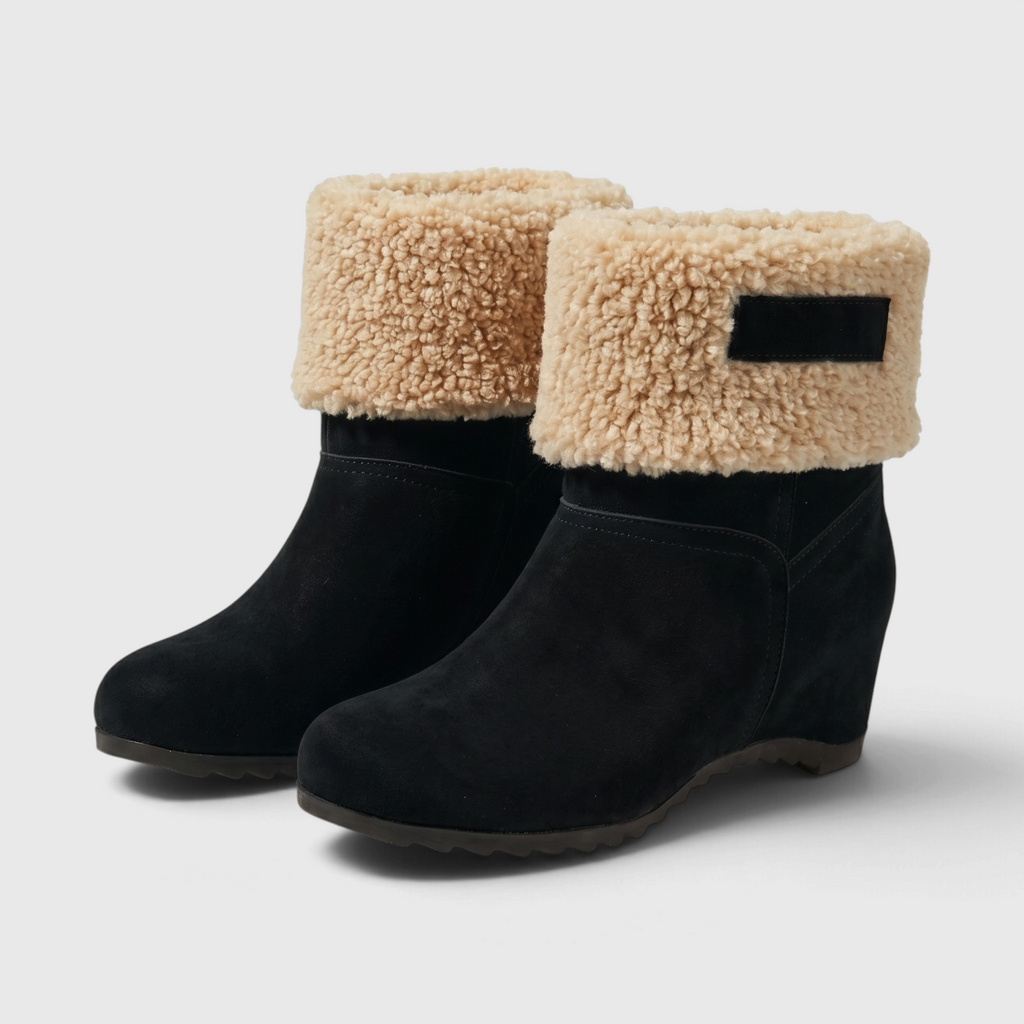 Bottines d'Hiver en Suédine à Revers Fourrure Sherpa & Talon Compensé – Chaleur & Confort Femme