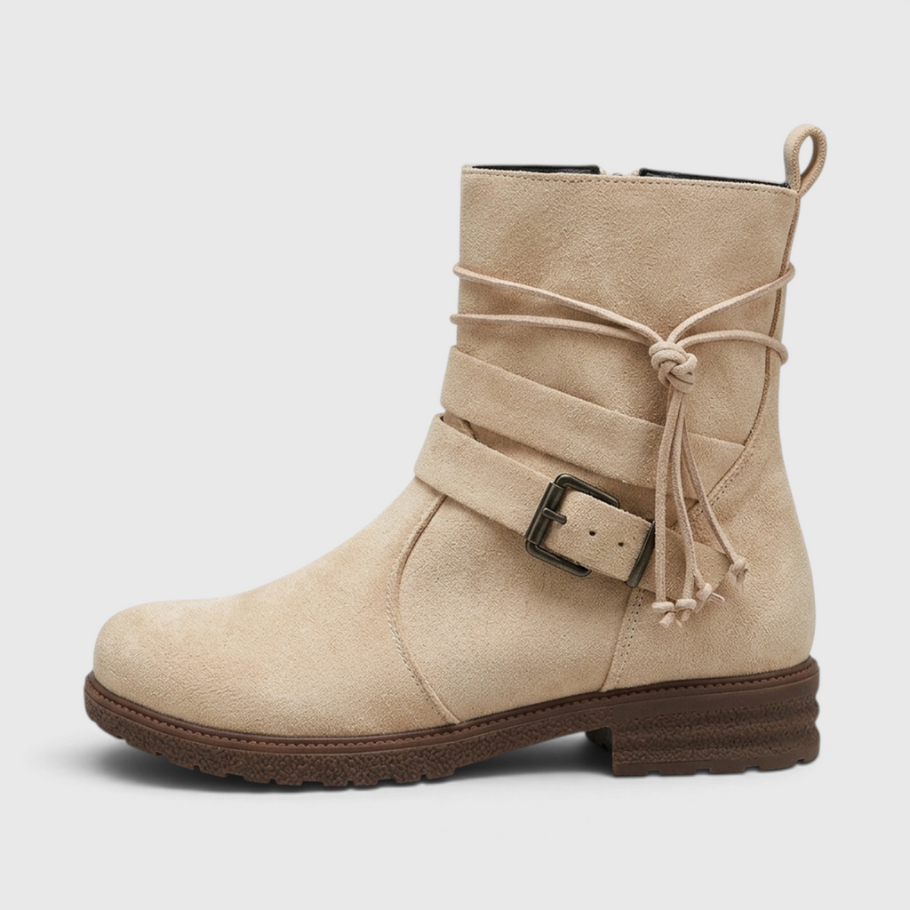 Bottines en Suédine à Boucle Ceinturon et Liens Noués pour Femme – Style Bohème Chic & Confort Quotidien