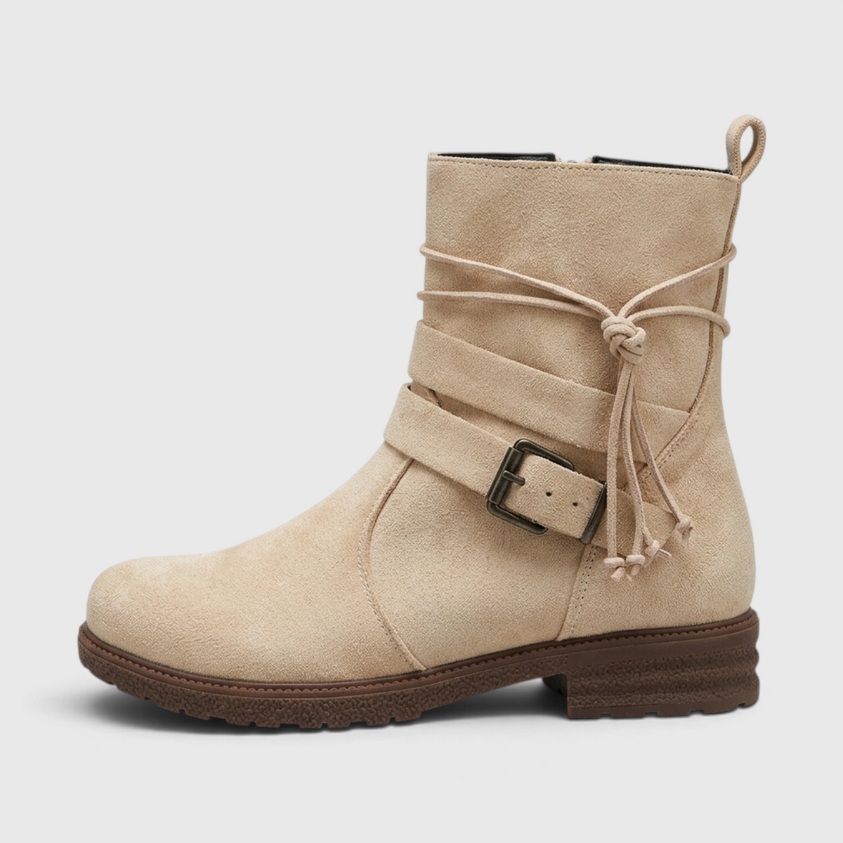 Bottines en Suédine à Boucle Ceinturon et Liens Noués pour Femme – Style Bohème Chic & Confort Quotidien