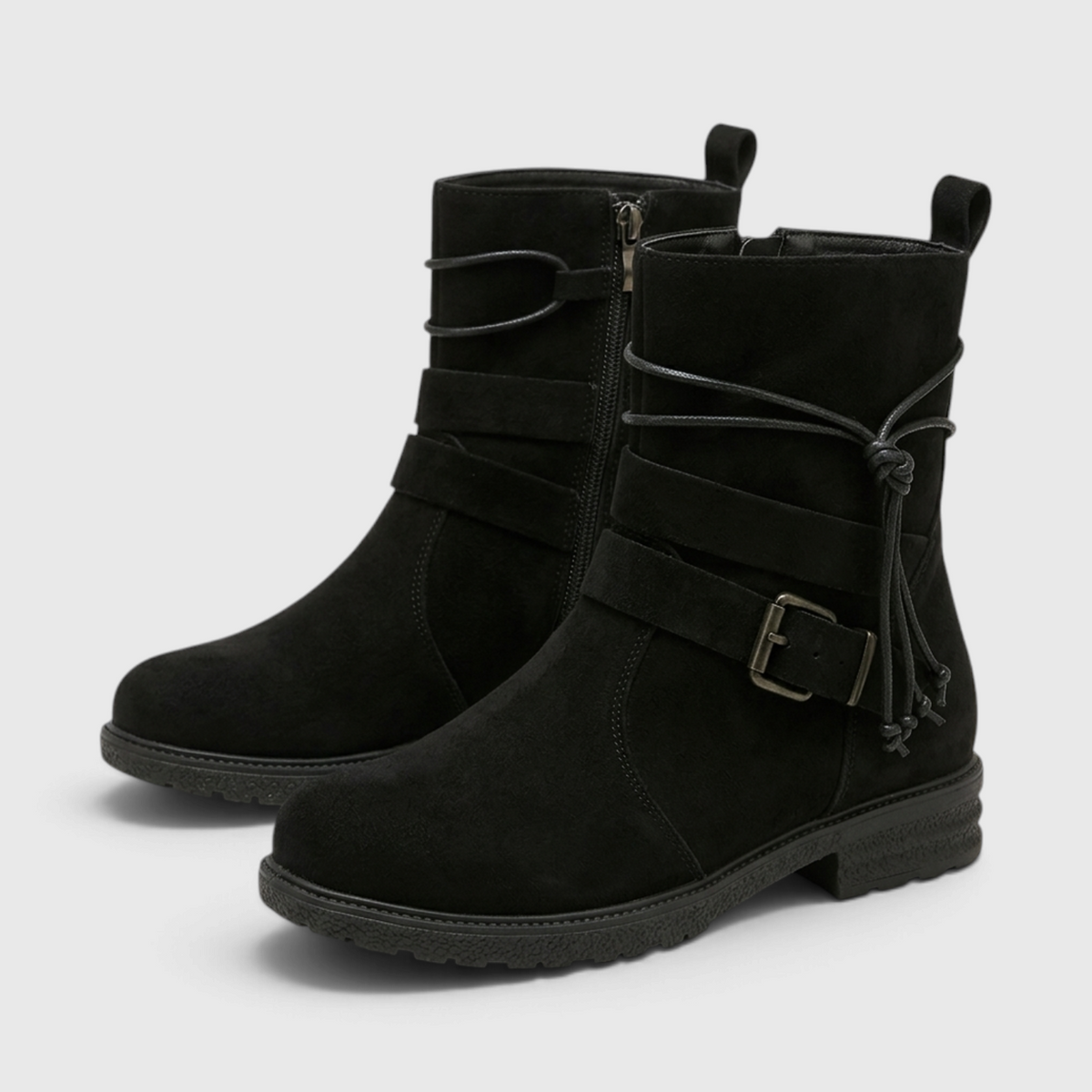 Bottines en Suédine à Boucle Ceinturon et Liens Noués pour Femme – Style Bohème Chic & Confort Quotidien