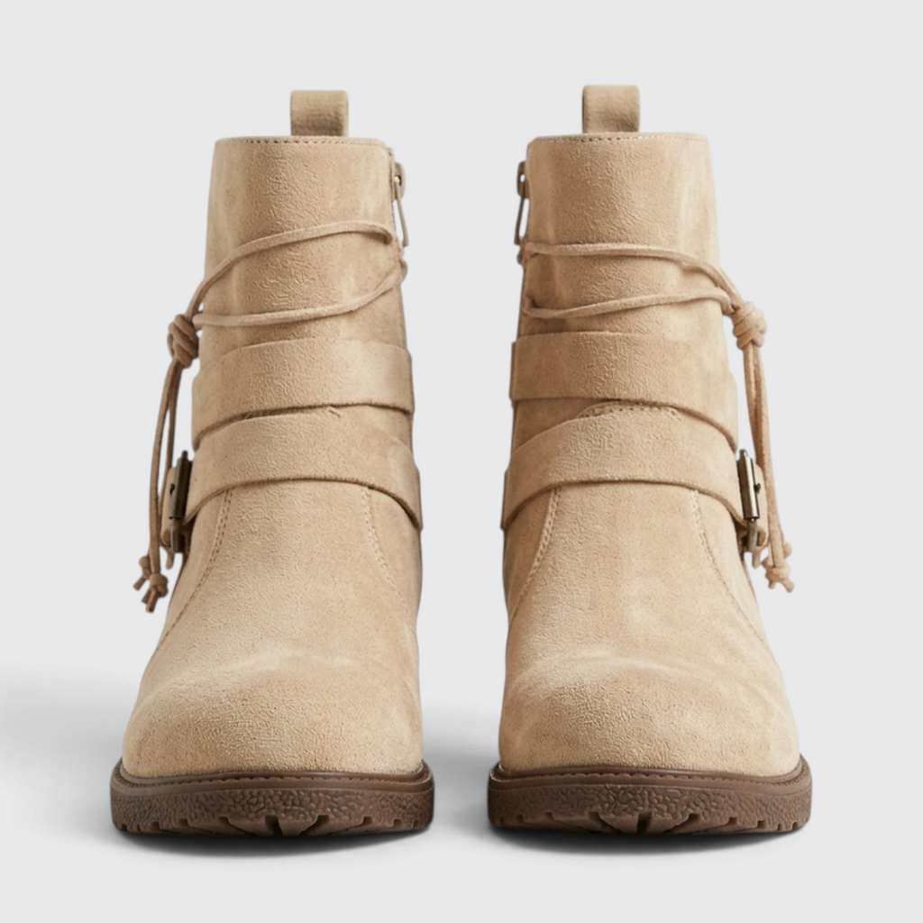 Bottines en Suédine à Boucle Ceinturon et Liens Noués pour Femme – Style Bohème Chic & Confort Quotidien