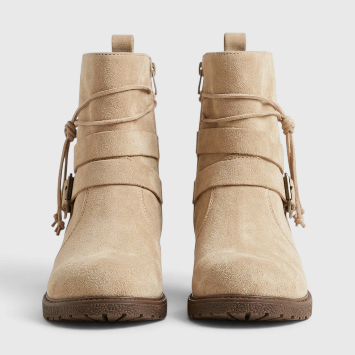 Bottines en Suédine à Boucle Ceinturon et Liens Noués pour Femme – Style Bohème Chic & Confort Quotidien