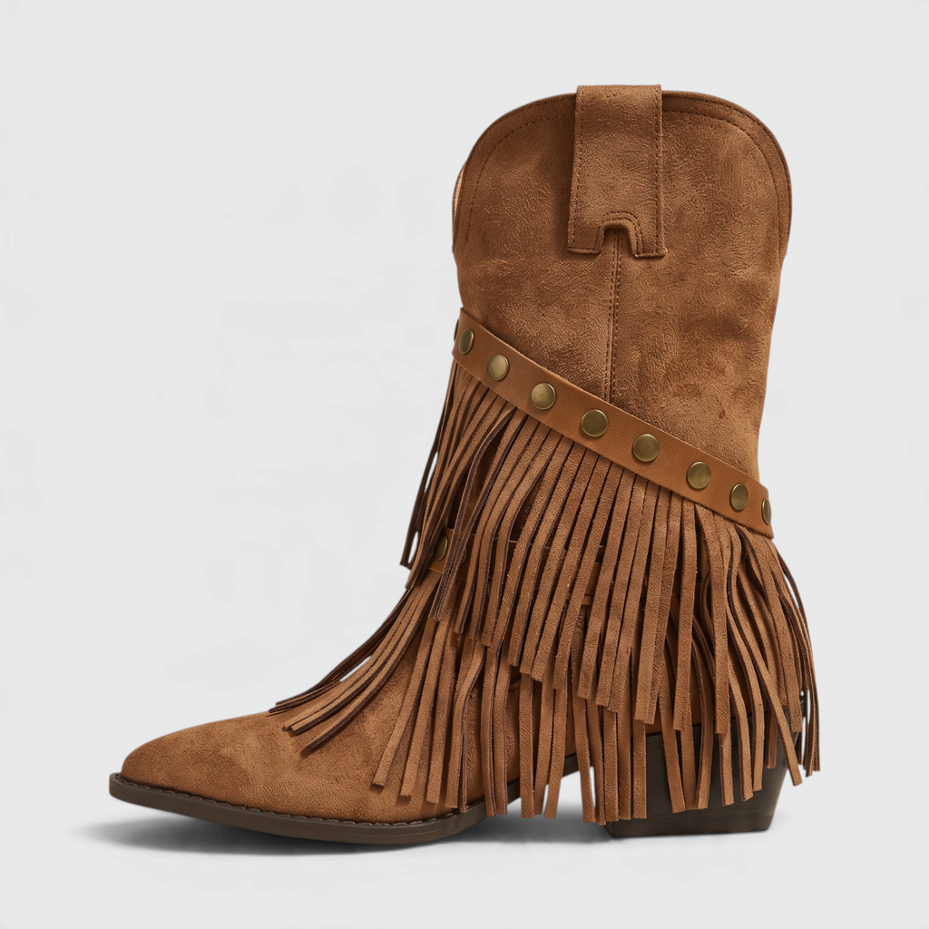 Bottines western rétro à franges pour femme – Santiags en suédine à bout pointu et talon bloc épais, style cowboy chic confortable
