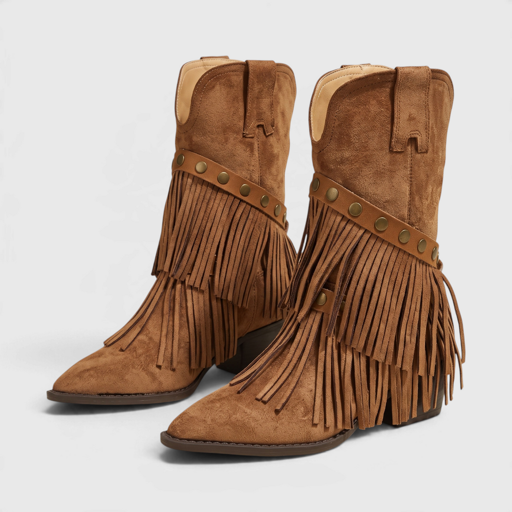 Bottines western rétro à franges pour femme – Santiags en suédine à bout pointu et talon bloc épais, style cowboy chic confortable