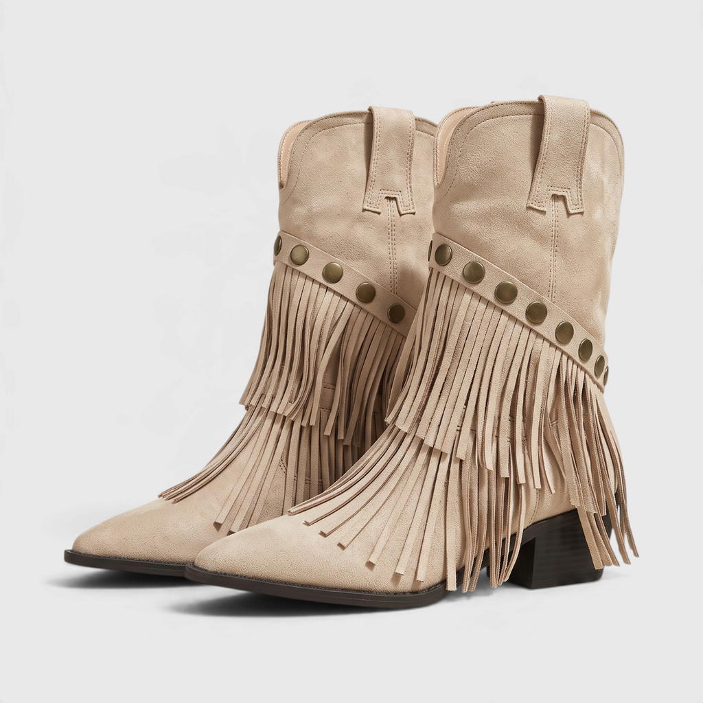 Bottines western rétro à franges pour femme – Santiags en suédine à bout pointu et talon bloc épais, style cowboy chic confortable