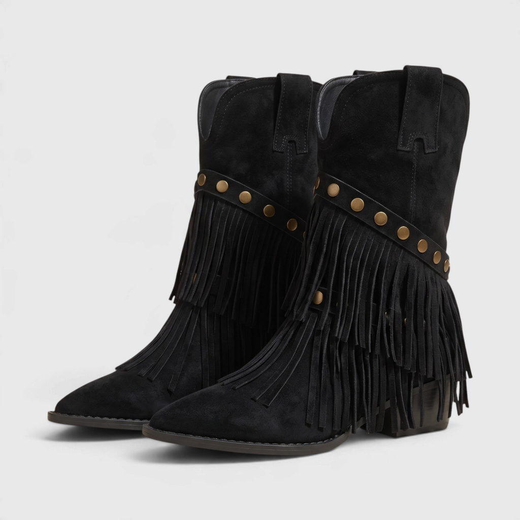 Bottines western rétro à franges pour femme – Santiags en suédine à bout pointu et talon bloc épais, style cowboy chic confortable