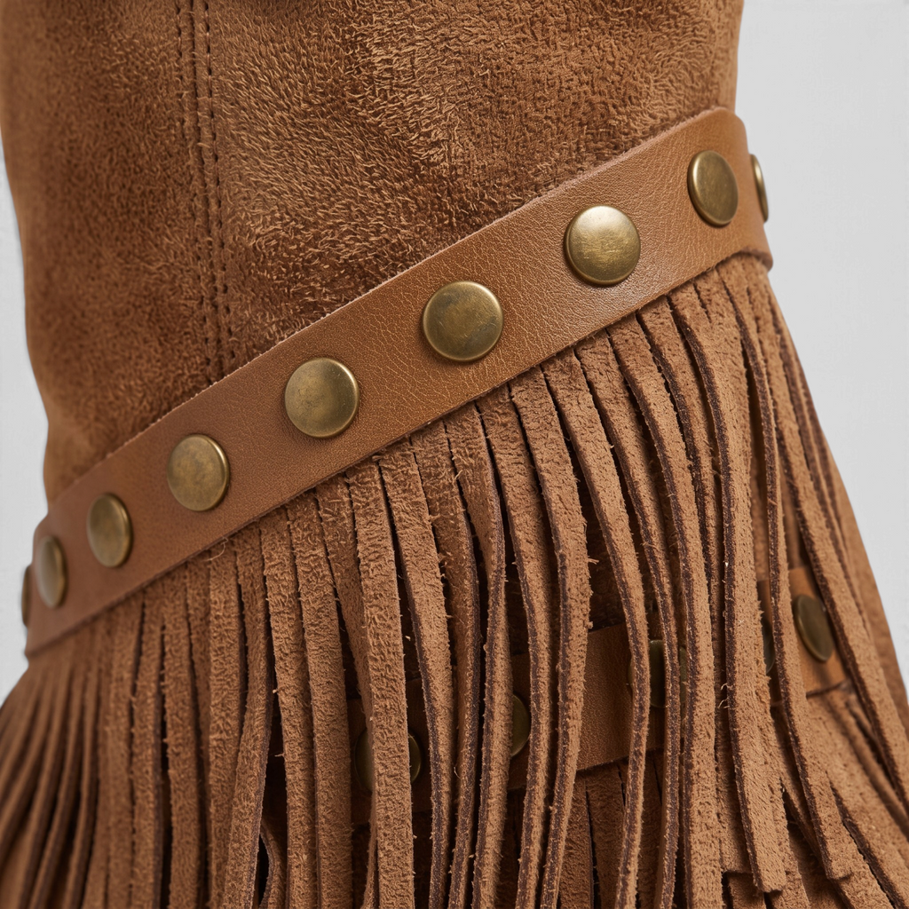 Bottines western rétro à franges pour femme – Santiags en suédine à bout pointu et talon bloc épais, style cowboy chic confortable