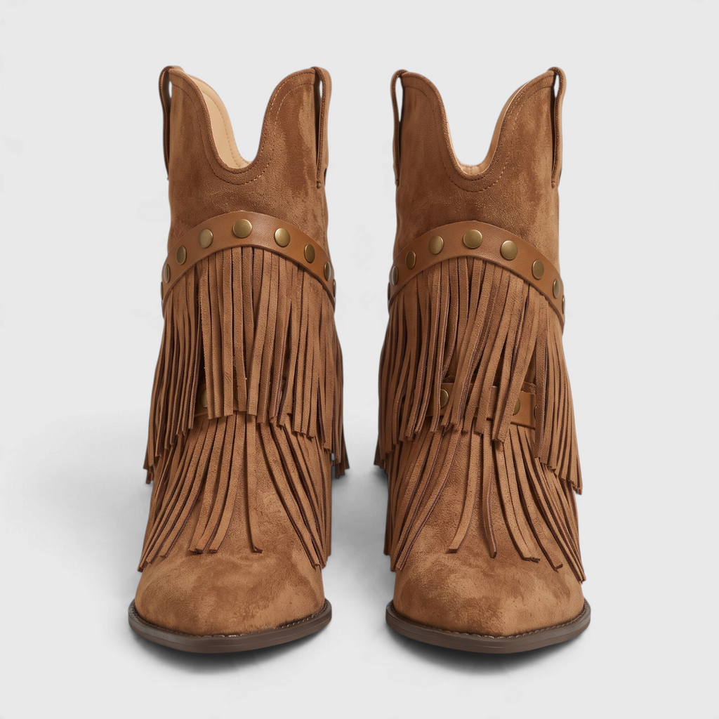 Bottines western rétro à franges pour femme – Santiags en suédine à bout pointu et talon bloc épais, style cowboy chic confortable