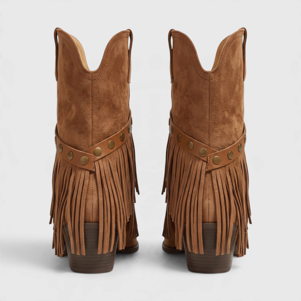 Bottines western rétro à franges pour femme – Santiags en suédine à bout pointu et talon bloc épais, style cowboy chic confortable