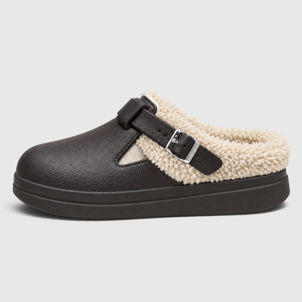 Mules Fourrées Imperméables Femme – Chaussons EVA Chauds à Boucle, Semelle Épaisse Antidérapante