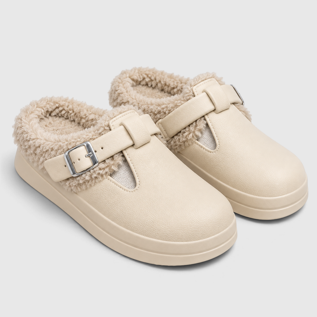 Mules Fourrées Imperméables Femme – Chaussons EVA Chauds à Boucle, Semelle Épaisse Antidérapante