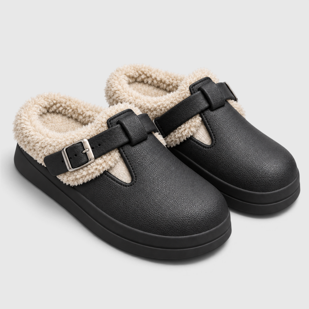 Mules Fourrées Imperméables Femme – Chaussons EVA Chauds à Boucle, Semelle Épaisse Antidérapante