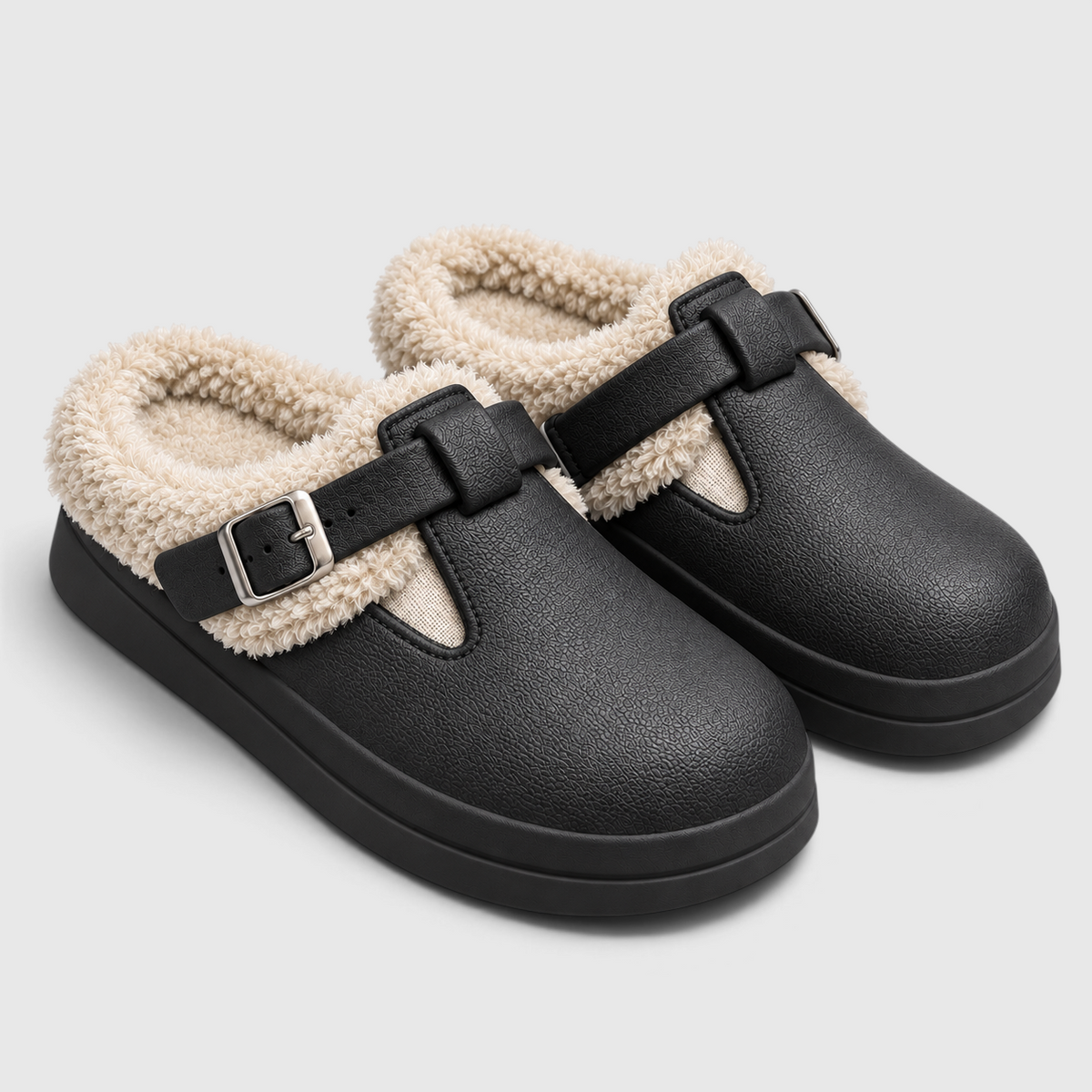 Mules Fourrées Imperméables Femme – Chaussons EVA Chauds à Boucle, Semelle Épaisse Antidérapante