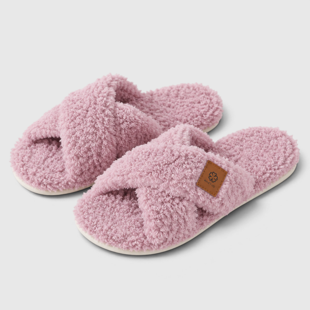 Chaussons Croisés Fourrés Femme – Pantoufles Chaudes à Bout Ouvert, Semelle Souple Antidérapante