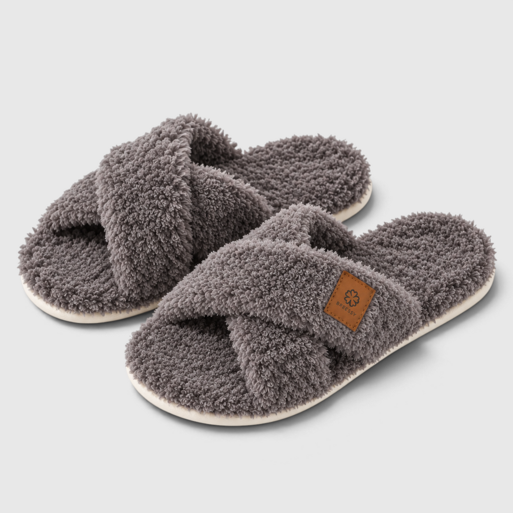 Chaussons Croisés Fourrés Femme – Pantoufles Chaudes à Bout Ouvert, Semelle Souple Antidérapante