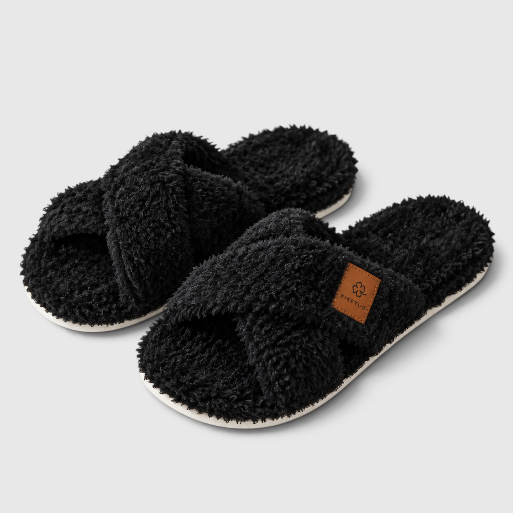 Chaussons Croisés Fourrés Femme – Pantoufles Chaudes à Bout Ouvert, Semelle Souple Antidérapante