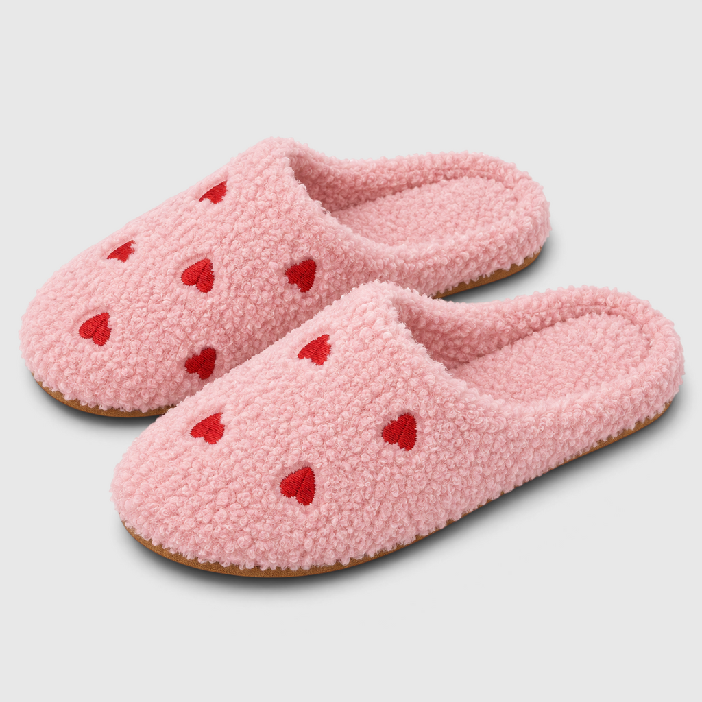 Pantoufles femme en peluche à motifs cœurs – Chaussons d'intérieur doux, chauds et silencieux à semelle souple