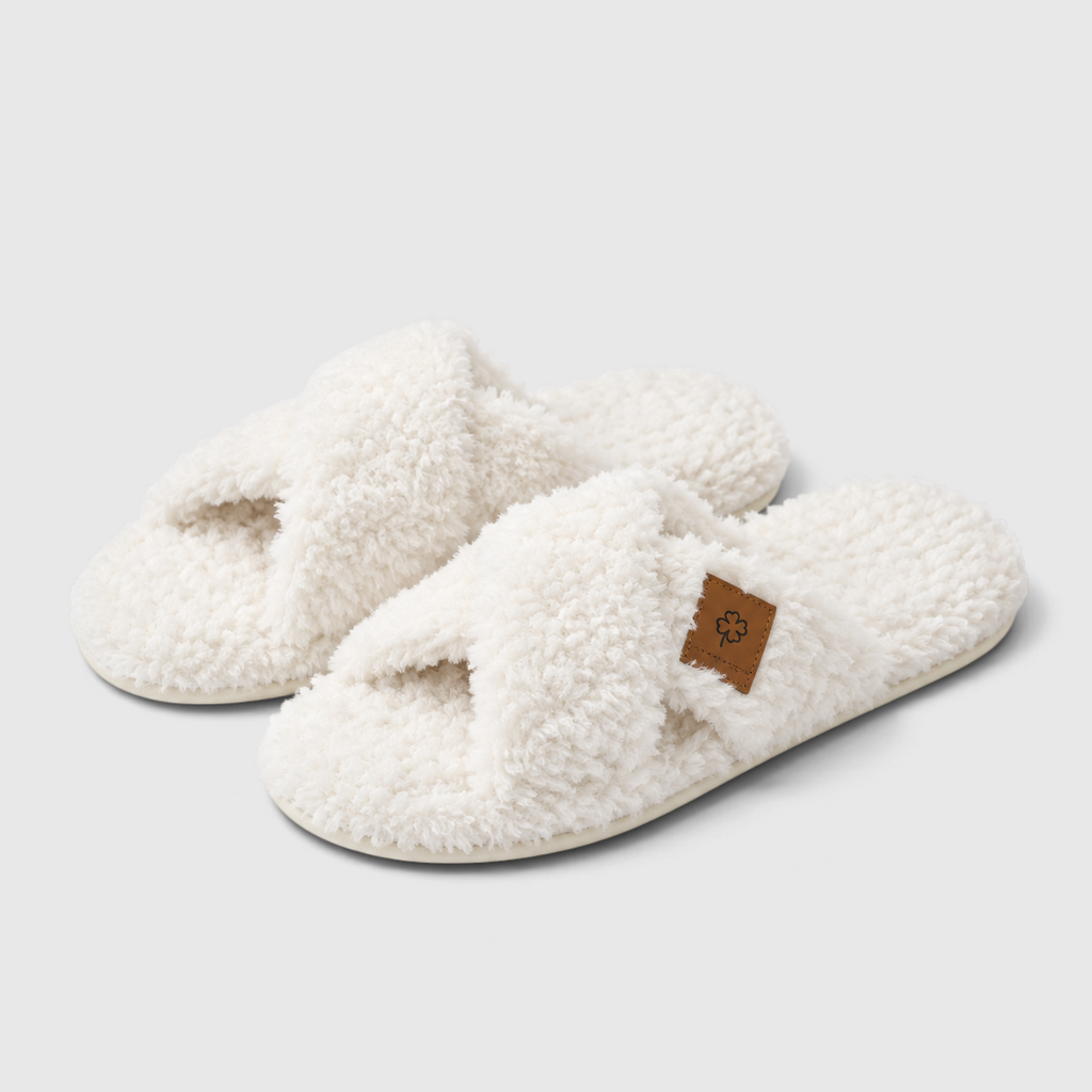 Chaussons Croisés Fourrés Femme – Pantoufles Chaudes à Bout Ouvert, Semelle Souple Antidérapante