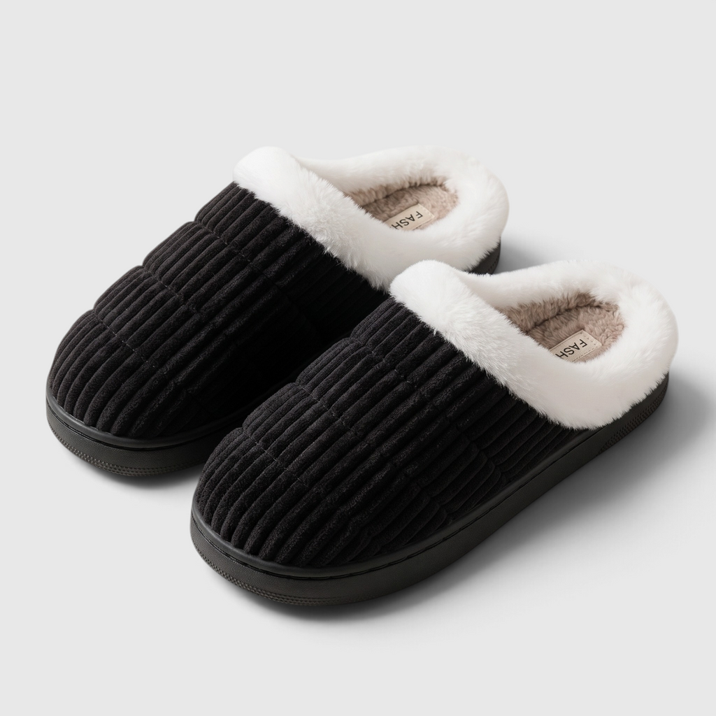 Chaussons Mules en Velours Côtelé Matelassé & Col Fourré – Chaleur, Douceur & Confort Maison Mixte