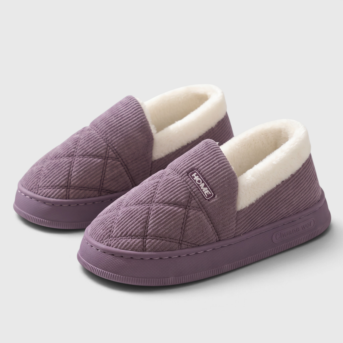 Chaussons femme fermés en velours côtelé matelassé – Pantoufles d'hiver chaudes et douces à semelle épaisse antidérapante