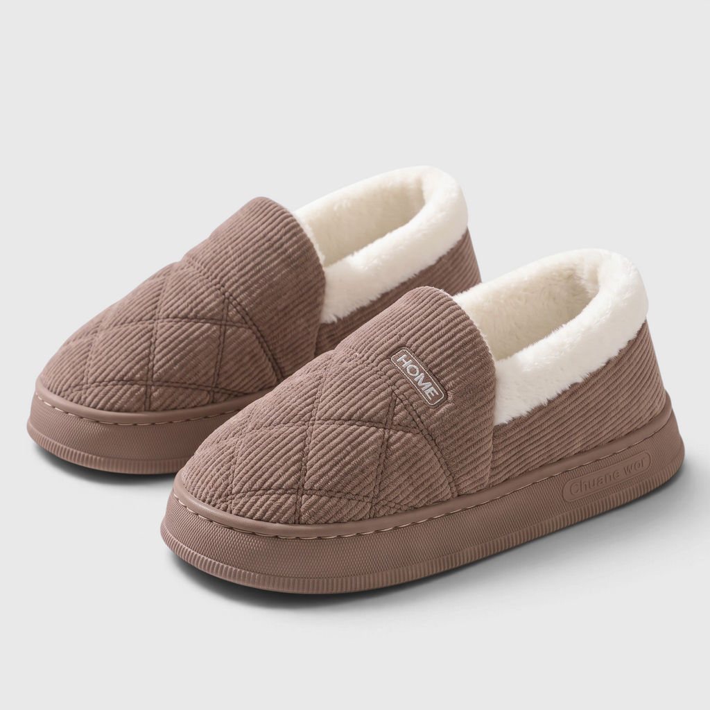 Chaussons femme fermés en velours côtelé matelassé – Pantoufles d'hiver chaudes et douces à semelle épaisse antidérapante