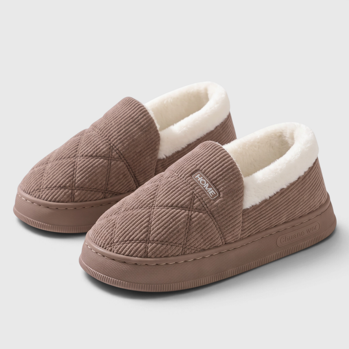 Chaussons femme fermés en velours côtelé matelassé – Pantoufles d'hiver chaudes et douces à semelle épaisse antidérapante