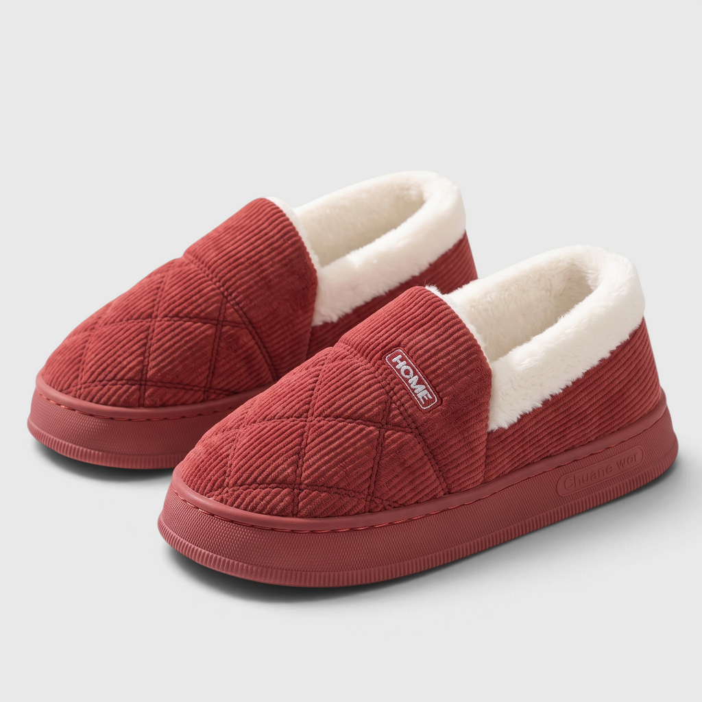 Chaussons femme fermés en velours côtelé matelassé – Pantoufles d'hiver chaudes et douces à semelle épaisse antidérapante