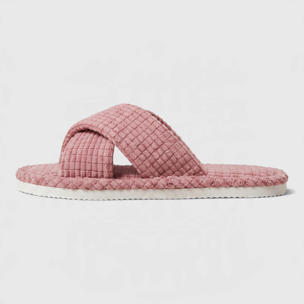 Chaussons mules d'intérieur à brides croisées en tissu gaufré pour femme – Sandales douces à bout ouvert, légères et confortables pour la maison et le spa