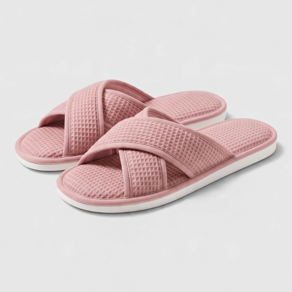Chaussons mules d'intérieur à brides croisées en tissu gaufré pour femme – Sandales douces à bout ouvert, légères et confortables pour la maison et le spa