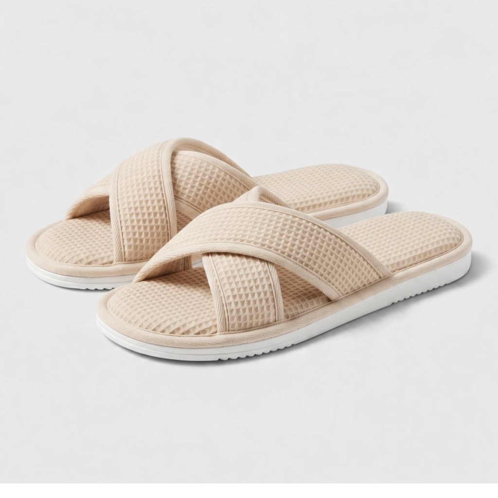 Chaussons mules d'intérieur à brides croisées en tissu gaufré pour femme – Sandales douces à bout ouvert, légères et confortables pour la maison et le spa