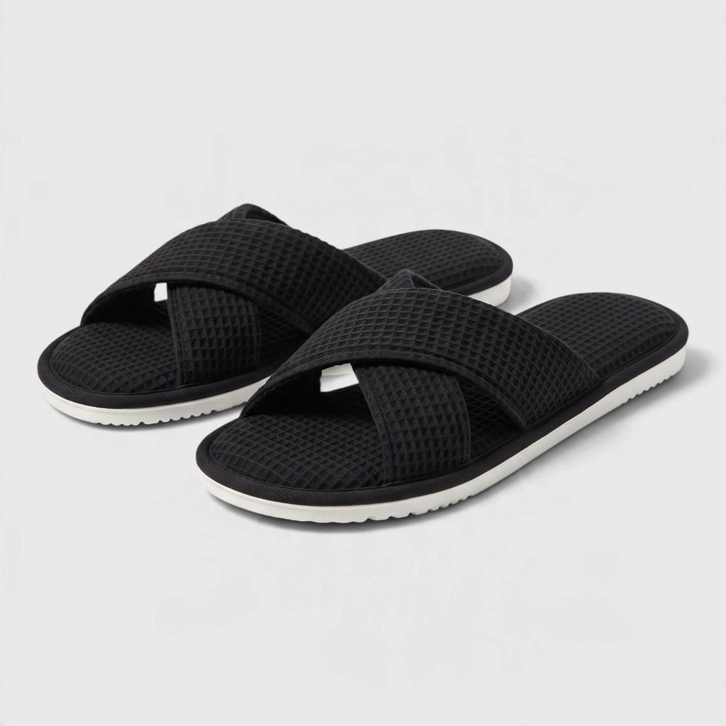 Chaussons mules d'intérieur à brides croisées en tissu gaufré pour femme – Sandales douces à bout ouvert, légères et confortables pour la maison et le spa
