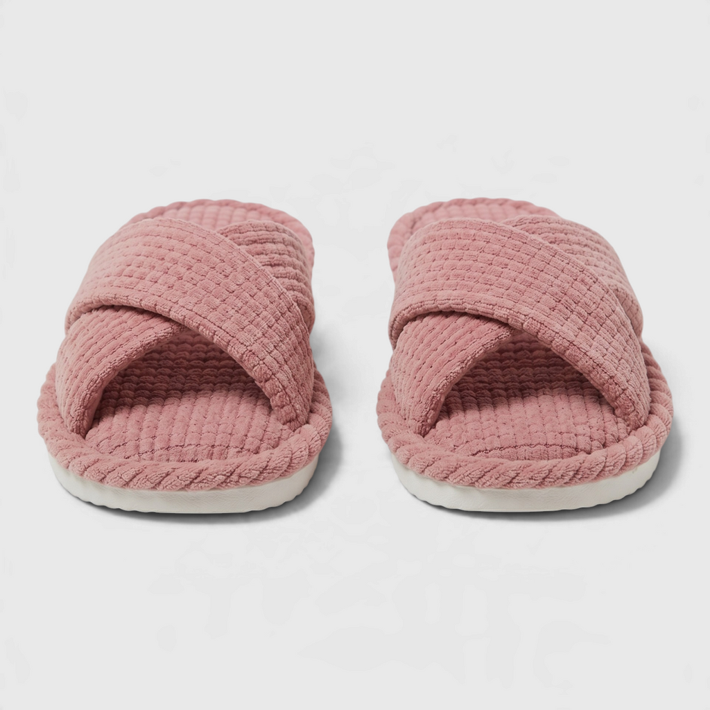Chaussons mules d'intérieur à brides croisées en tissu gaufré pour femme – Sandales douces à bout ouvert, légères et confortables pour la maison et le spa