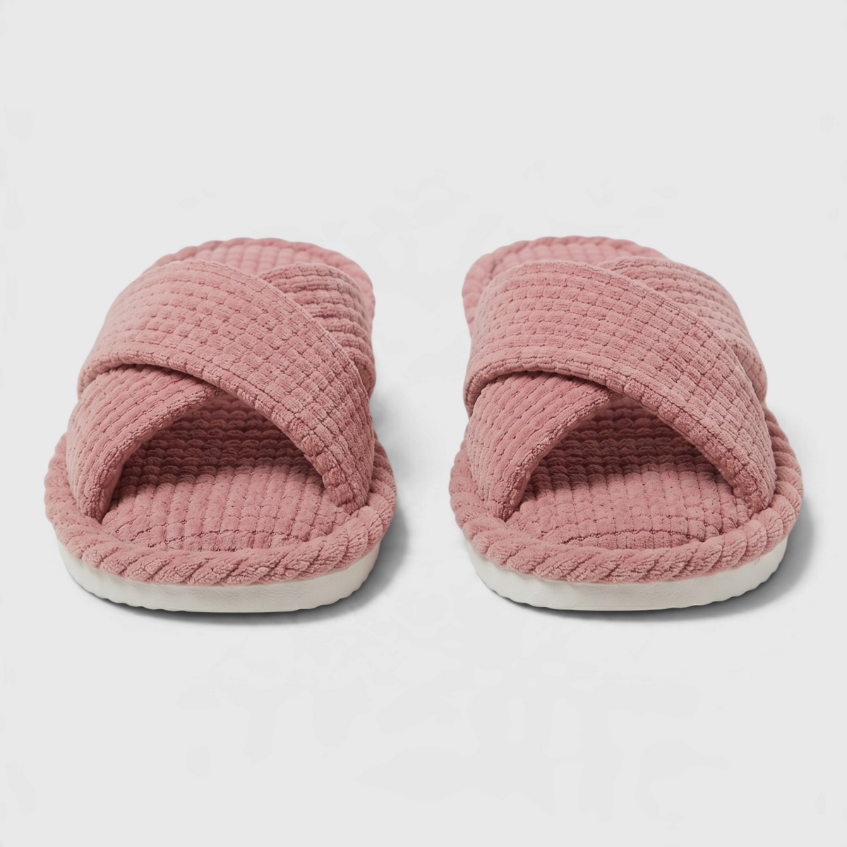 Chaussons mules d'intérieur à brides croisées en tissu gaufré pour femme – Sandales douces à bout ouvert, légères et confortables pour la maison et le spa