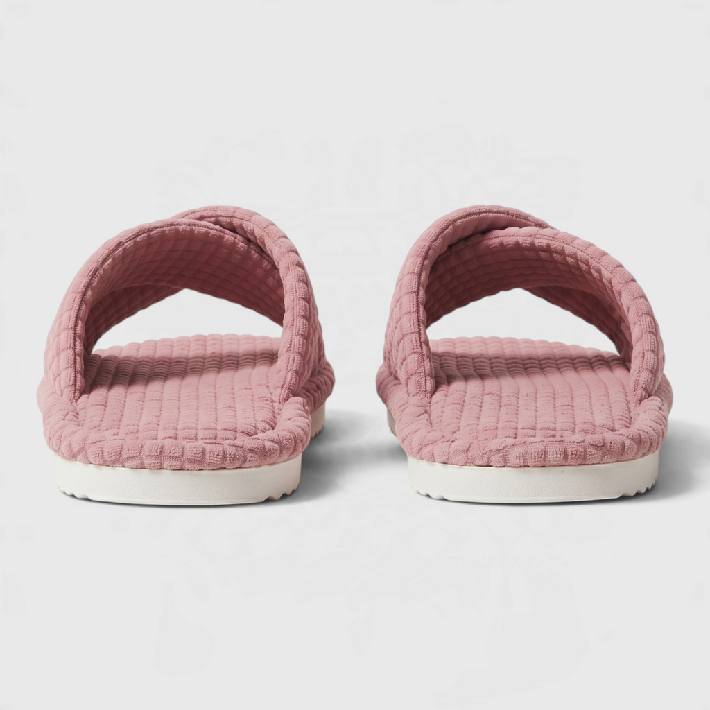 Chaussons mules d'intérieur à brides croisées en tissu gaufré pour femme – Sandales douces à bout ouvert, légères et confortables pour la maison et le spa