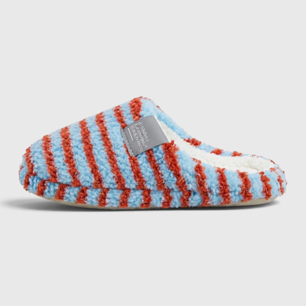 Chaussons mules d'intérieur rayés en polaire pelucheuse pour femme – Pantoufles cocooning douces, chaudes et confortables d'hiver