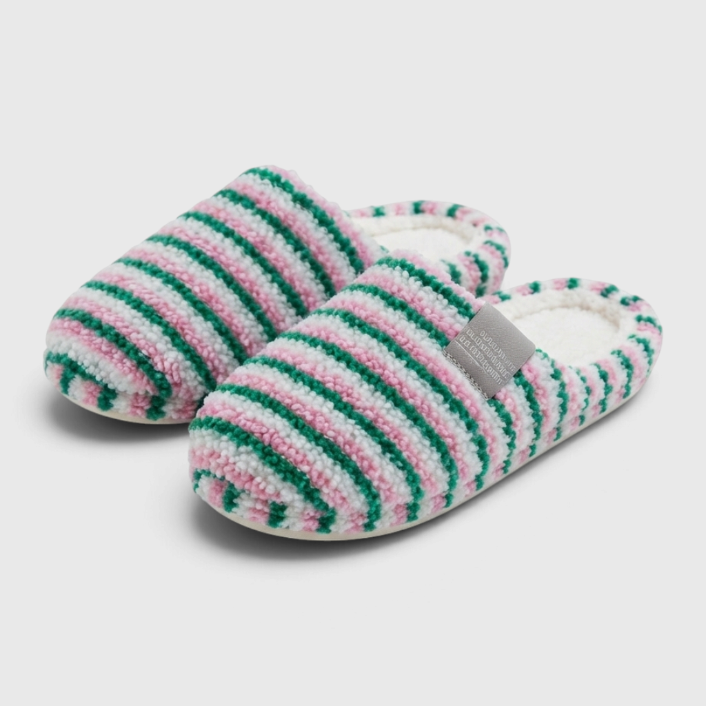 Chaussons mules d'intérieur rayés en polaire pelucheuse pour femme – Pantoufles cocooning douces, chaudes et confortables d'hiver