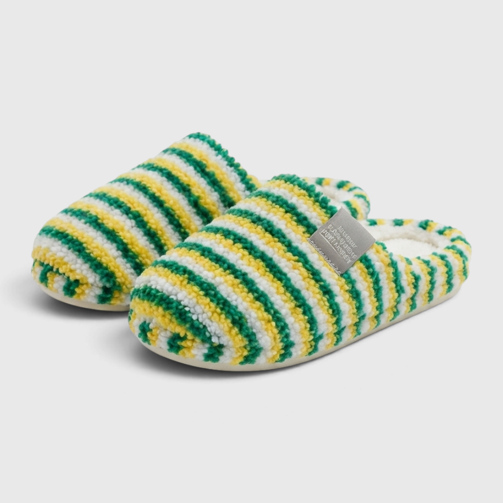 Chaussons mules d'intérieur rayés en polaire pelucheuse pour femme – Pantoufles cocooning douces, chaudes et confortables d'hiver