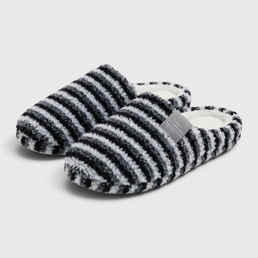 Chaussons mules d'intérieur rayés en polaire pelucheuse pour femme – Pantoufles cocooning douces, chaudes et confortables d'hiver